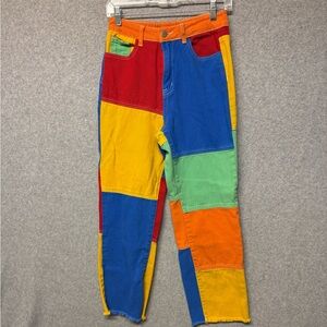 Shein Colorblock Pants Size 4 Jeans Frayed Hem Costume Clown Boho Funky 70’s